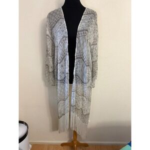 ASTR the Label Womens Geometric Print Lace Back Fringe Kimono  Small